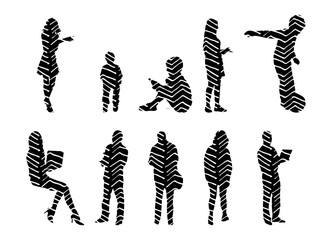 Vector illustration, Outline silhouettes of people, Contour drawing, people silhouette, Icon Set Isolated , Silhouette of sitting people, Architectural set