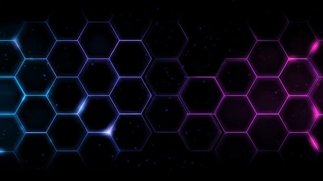 Abstract hexagonal structure with vibrant neon gradients on dark background