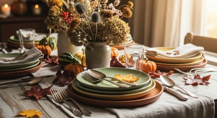 Beautiful autumn bouquet on the festive table.	 Stylish table setting for Thanksgiving Day. 