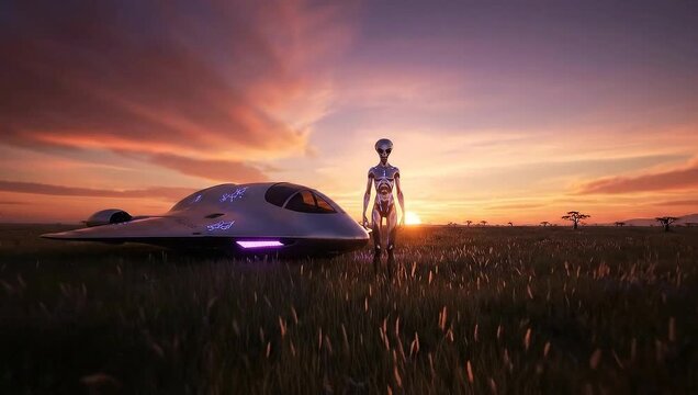 Futuristic alien standing beside a spacecraft in a fields at sunset  
