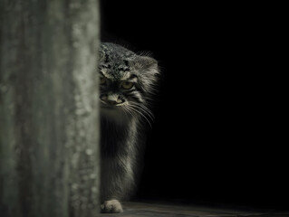 A Pallas's cat crouches against a dark background and peeks out from behind a wall. Hyperrealistic illustration