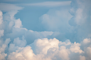 White pink fluffy cumulus clouds podium on blue sky with empty space background.Beauty cosmetic product placement pedestal present promotion minimal stand display,dreamy concept.