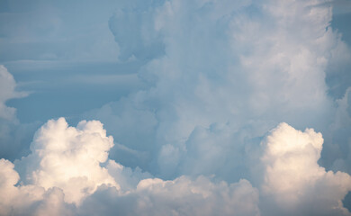 White pink fluffy cumulus clouds podium on blue sky with empty space background.Beauty cosmetic product placement pedestal present promotion minimal stand display,dreamy concept.