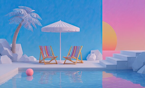 Pastel scene of poolside relaxation featuring chairs, umbrella, palm tree, and sunset, surrealist - Powered by Adobe