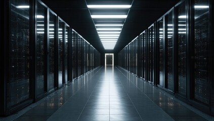 Dark server room interior, rows of cabinets with reflective floor and bright overhead lights