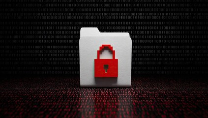 A digital graphic features a white folder with a red lock symbol on a binary code background