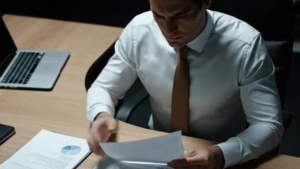 Businessman reviewing documents at desk in modern office environment  