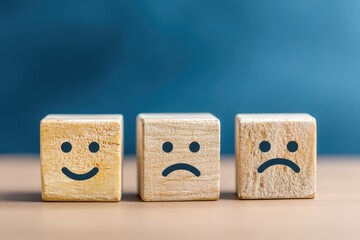 Three wooden blocks display varying emotions happy, neutral, and sad, set against a blue backdrop