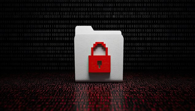 A digital graphic features a white folder with a red lock symbol on a binary code background