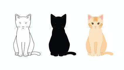 Vector art of three versions of a cat, including line drawing, silhouette, and color illustration
