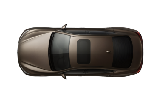 Top view of a modern brown metallic sedan car with sunroof, isolated on transparent background, transportation and automotive concept.