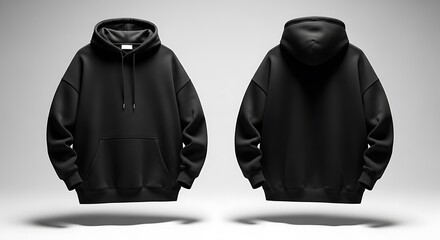 Front and back view of a plain black hooded sweatshirt with drawstrings floating in studio lighting