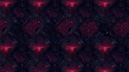Seamless abstract pattern featuring glowing red geometric designs on a dark, textured surface, resembling futuristic circuitry.