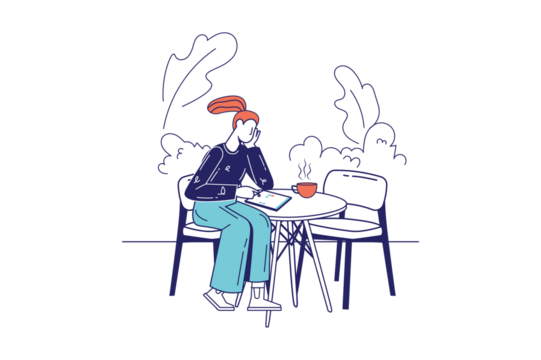 Woman with Red Hair Sitting at Table Outdoors Illustration in White Background - Powered by Adobe