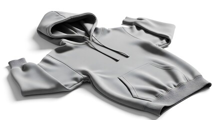 Plain grey hooded sweatshirt with drawstring and front pocket isolated on white background