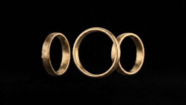 Gold wedding rings displayed against a black background  