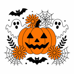 Halloween Pumpkin with Ghosts Bats Spider Webs and Flowers Illustration