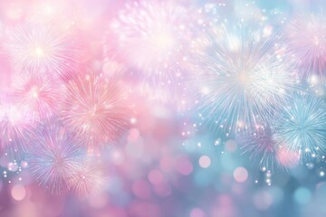 Celebration with vibrant fireworks exploding in pastel colors. Bokeh effect enhances the cheerful ambiance