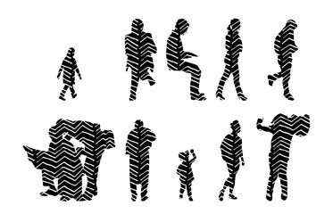 Vector illustration, Outline silhouettes of people, Contour drawing, people silhouette, Icon Set Isolated , Silhouette of sitting people, Architectural set