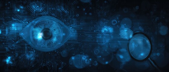 A digital eye with circuit board elements and a magnifying glass against a dark blue backdrop
