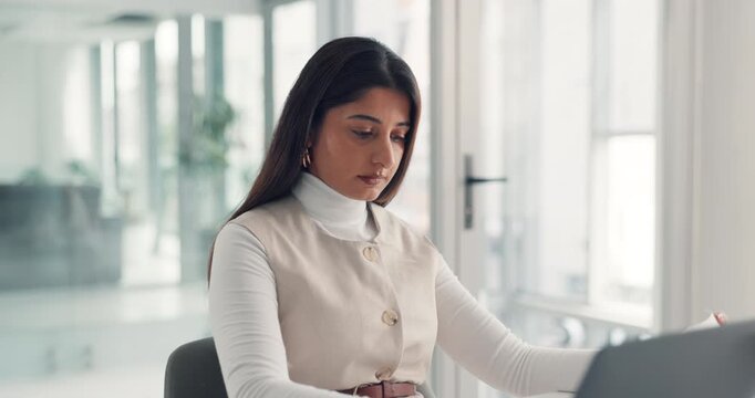 Laptop, paperwork and business woman in office for accounting analysis, graphs or budget. Computer, reading document and serious bookkeeper in workplace for financial review, audit and data entry