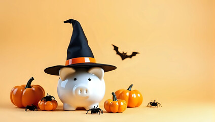 A piggy bank wearing witch hat surrounded by pumpkins and spider, copy space, isolated on orange background - investment, future plan, saving money for holiday budget concept 