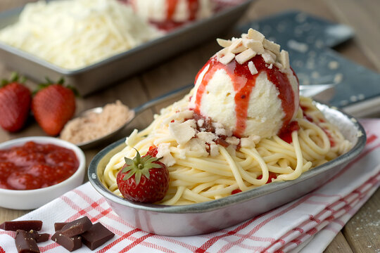 Spaghetti-Eis dessert, a German specialty, featuring vanilla ice cream pushed through a press to resemble noodles, topped with strawberry sauce, white chocolate shavings