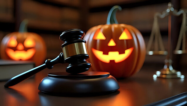 A glowing jack-o'-lantern pumpkin on judge's gavel block with the scales of justice, dark law office background - funny, judgment, punishment, authority, Halloween in legal profession concept 