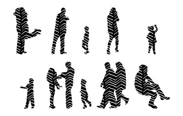 Vector illustration, Outline silhouettes of people, Contour drawing, people silhouette, Icon Set Isolated , Silhouette of sitting people, Architectural set