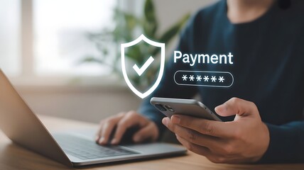 close up of a man using a laptop and making a payment on a smartphone
