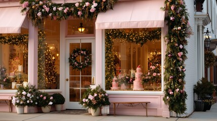 Charming bakery storefront decorated for the holiday season in a cozy neighborhood