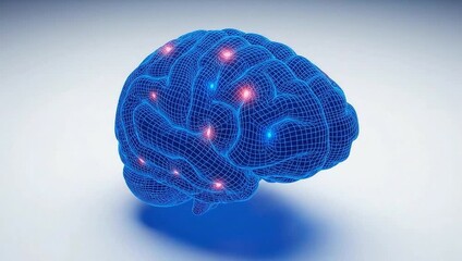 Digital representation of a blue brain with glowing connections   - Powered by Adobe