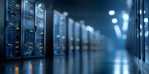 Modern data center interior with illuminated server racks, high-tech digital infrastructure, cloud computing and network technology background