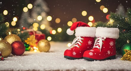 Santa Boots Christmas Decor with Ornaments and Snowy Background