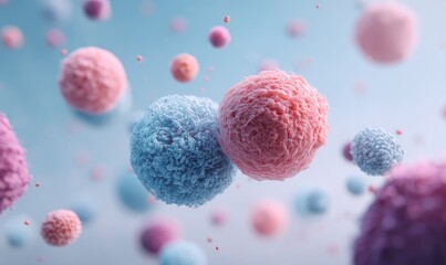 Abstract macro shot of fluffy, colorful spheres floating in a soft, gradient blue space