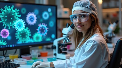 A girl in a white coat looks into the camera and performs tests