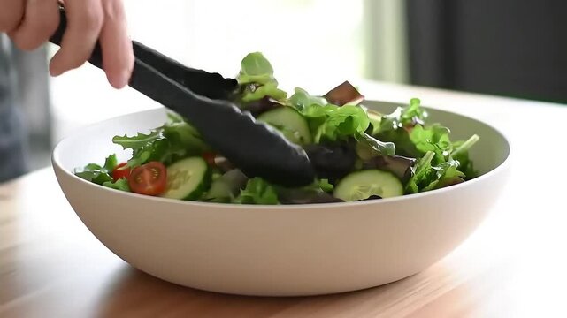 Hand Mixing Fresh Garden Salad with Tongs in a White Bowl Close-up of Vibrant Mixed Greens Crisp Cucumber Slices and Juicy Cherry Tomatoes for a Healthy Nutriti