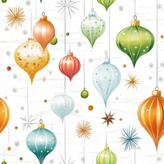 Retro christmas ornaments pattern with festive pastel bulbs and stars on white background