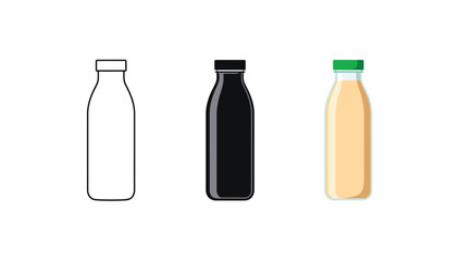 Vector art of three milk bottles in different styles, outline, silhouette, and color