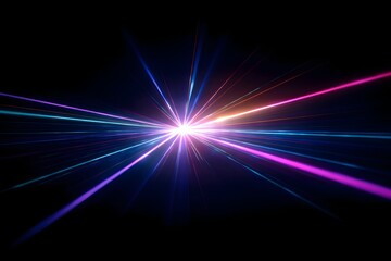 Colorful light rays explosion on dark background, abstract optical prism refraction, futuristic energy beam and digital spectrum concept