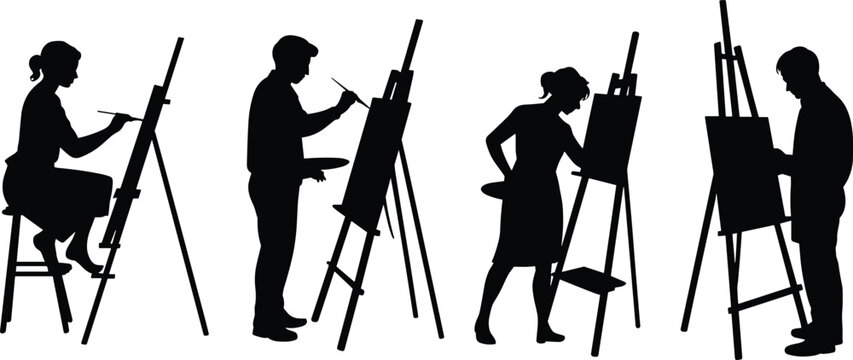 Artist silhouettes painting on easel, creative posture, studio scene, flat vector illustration, CAD drawing, art class concept, minimal design