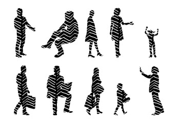 Vector illustration, Outline silhouettes of people, Contour drawing, people silhouette, Icon Set Isolated , Silhouette of sitting people, Architectural set