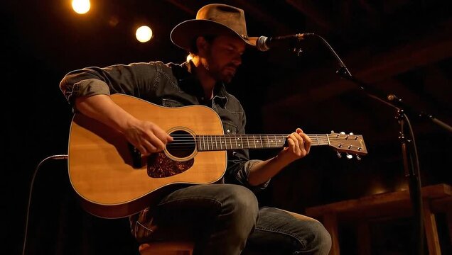 Man playing acoustic guitar on stage with warm lighting  