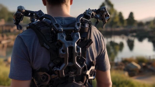 Close medium shot of a professional vestmounted robotic stabilizer on a videographer emphasizing ergonomic design with the background out of focus.