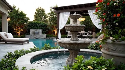 Elegant backyard pool area with fountain and lush greenery  