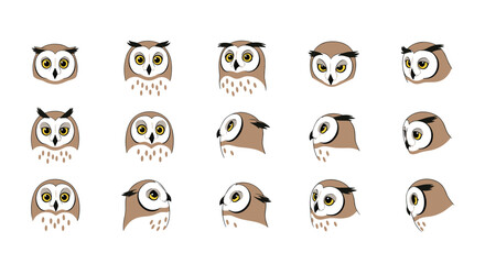Fototapeta premium A collection of cute cartoon owl heads shown from various angles.