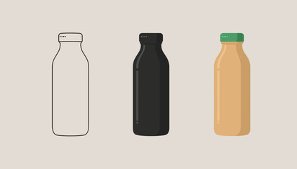 Vector art of three glass milk bottles in different styles line art, silhouette, and color illustration