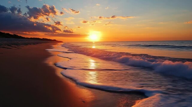 Serene sunset over tranquil ocean waves on sandy beach with colorful clouds