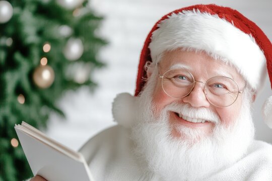 Cheerful santa claus reading a book with joyful expression and festive christmas spirit - Powered by Adobe