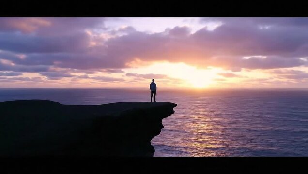 Person standing on cliff at sunset overlooking the ocean  